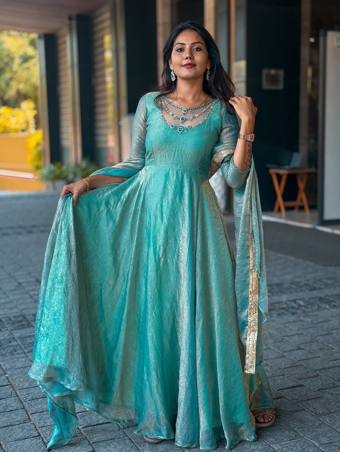 Aqua Blue Shimmer Anarkali Gown with Cape Sleeves