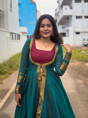 Teal Green Layered Silk Anarkali with Maroon Zari Border