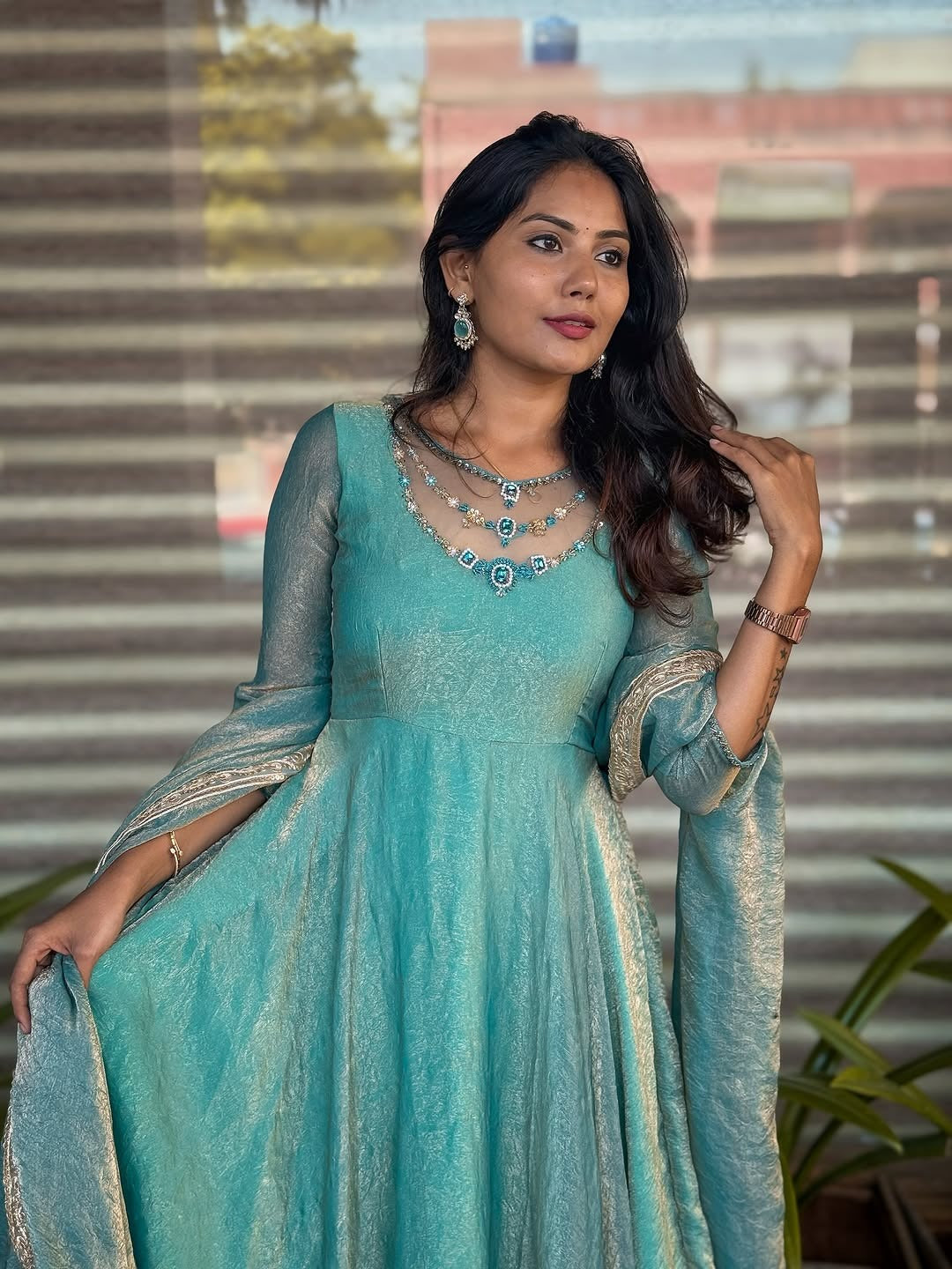 Aqua Blue Shimmer Anarkali Gown with Cape Sleeves