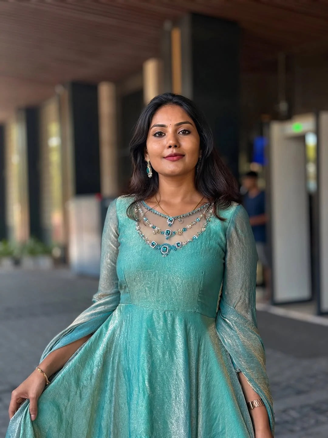 Aqua Blue Shimmer Anarkali Gown with Cape Sleeves