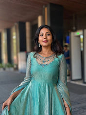 Aqua Blue Shimmer Anarkali Gown with Cape Sleeves