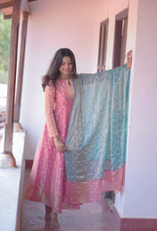 Peach & Sky Blue Organza Anarkali Dress with Embroidered Dupatta