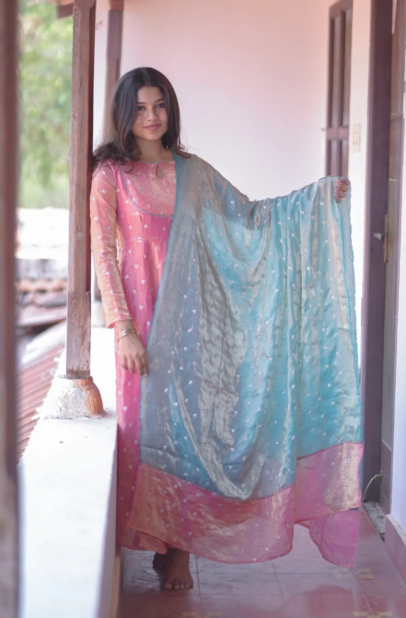 Peach & Sky Blue Organza Anarkali Dress with Embroidered Dupatta