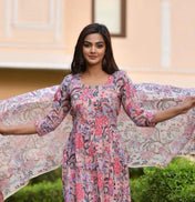 Peach Floral Cotton Anarkali Kurta Set with Printed Pants