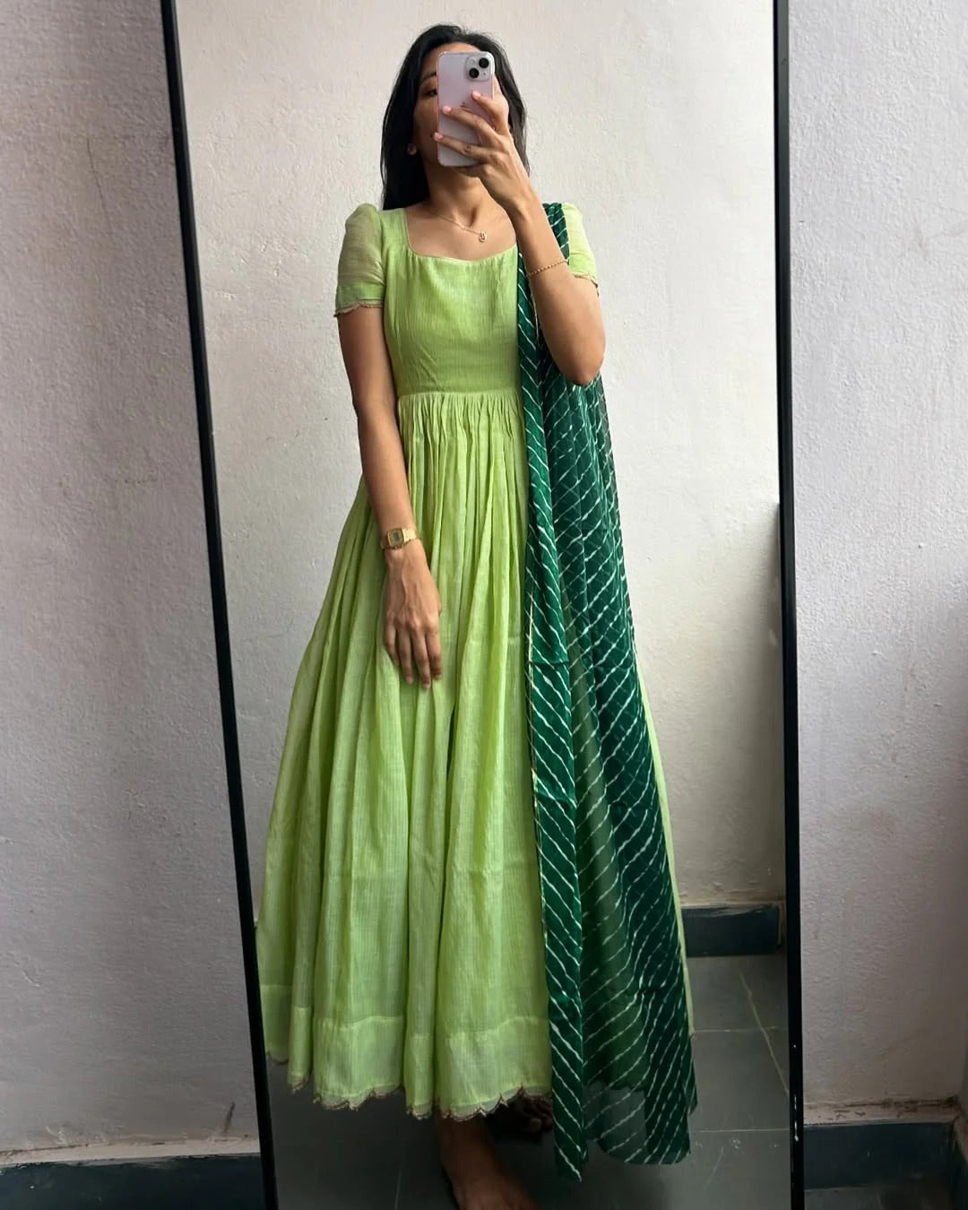 Light Green Cotton Anarkali Dress with Puff Sleeves & Bandhani Dupatta