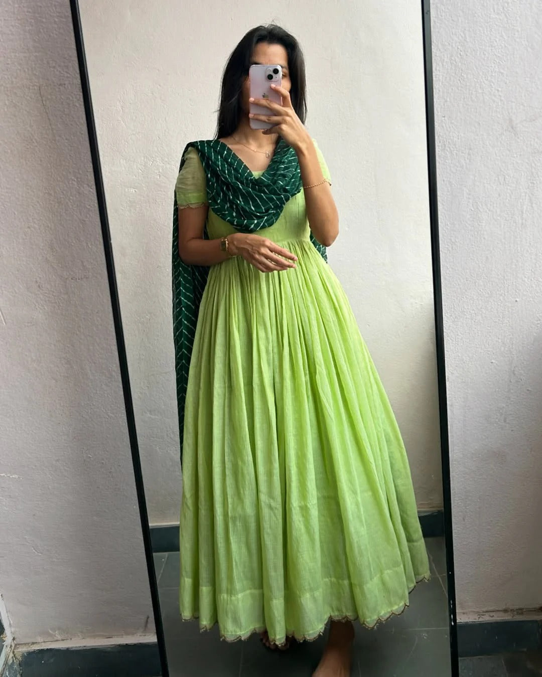 Light Green Cotton Anarkali Dress with Puff Sleeves & Bandhani Dupatta