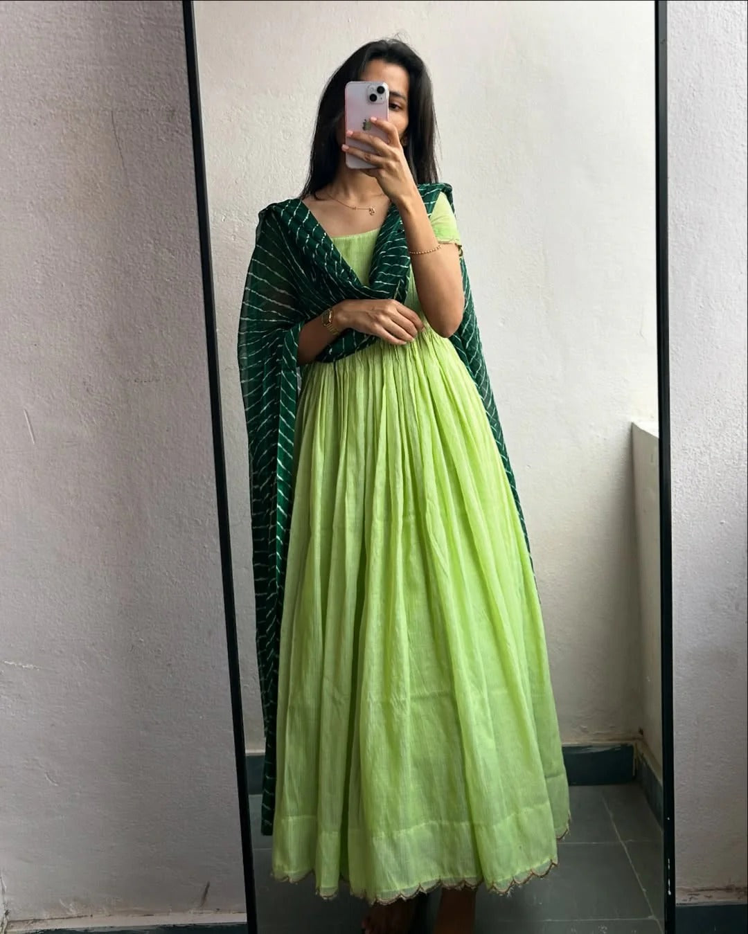 Light Green Cotton Anarkali Dress with Puff Sleeves & Bandhani Dupatta