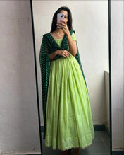 Light Green Cotton Anarkali Dress with Puff Sleeves & Bandhani Dupatta