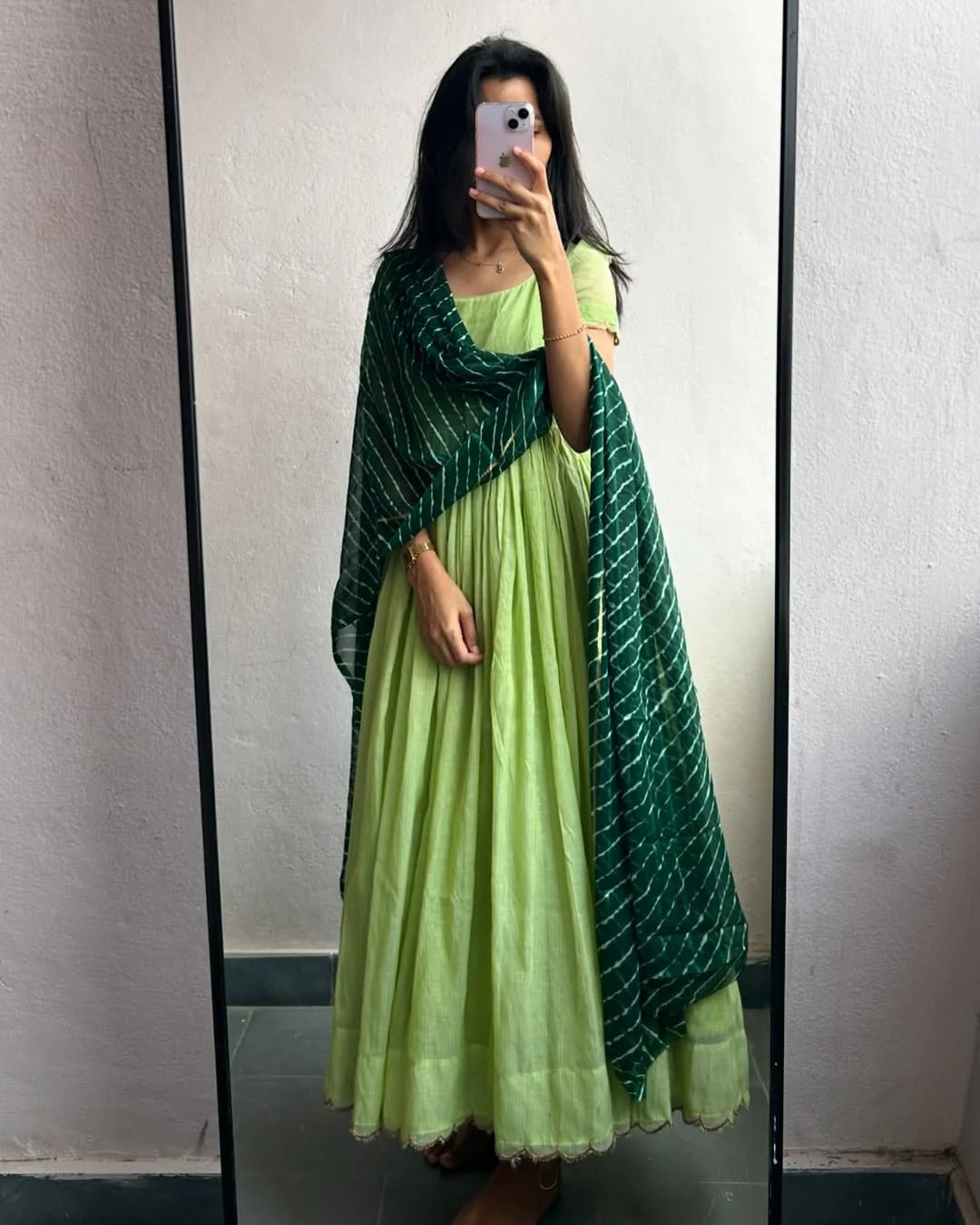 Light Green Cotton Anarkali Dress with Puff Sleeves & Bandhani Dupatta