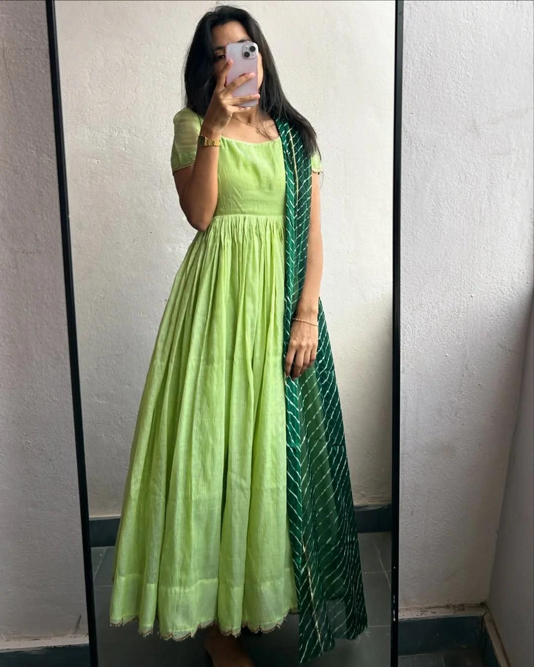 Light Green Cotton Anarkali Dress with Puff Sleeves & Bandhani Dupatta