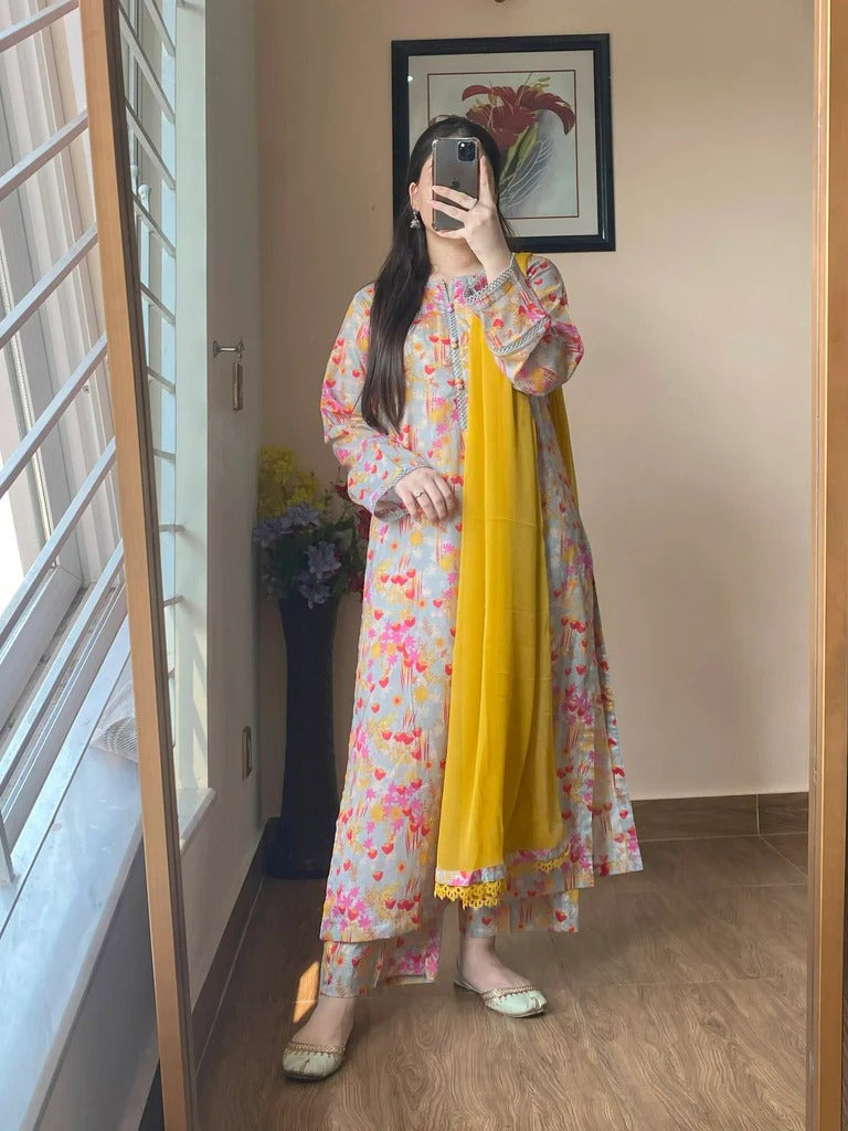 Soft Pastel Multi-Color Floral Printed Kurti Set with Yellow Dupatta