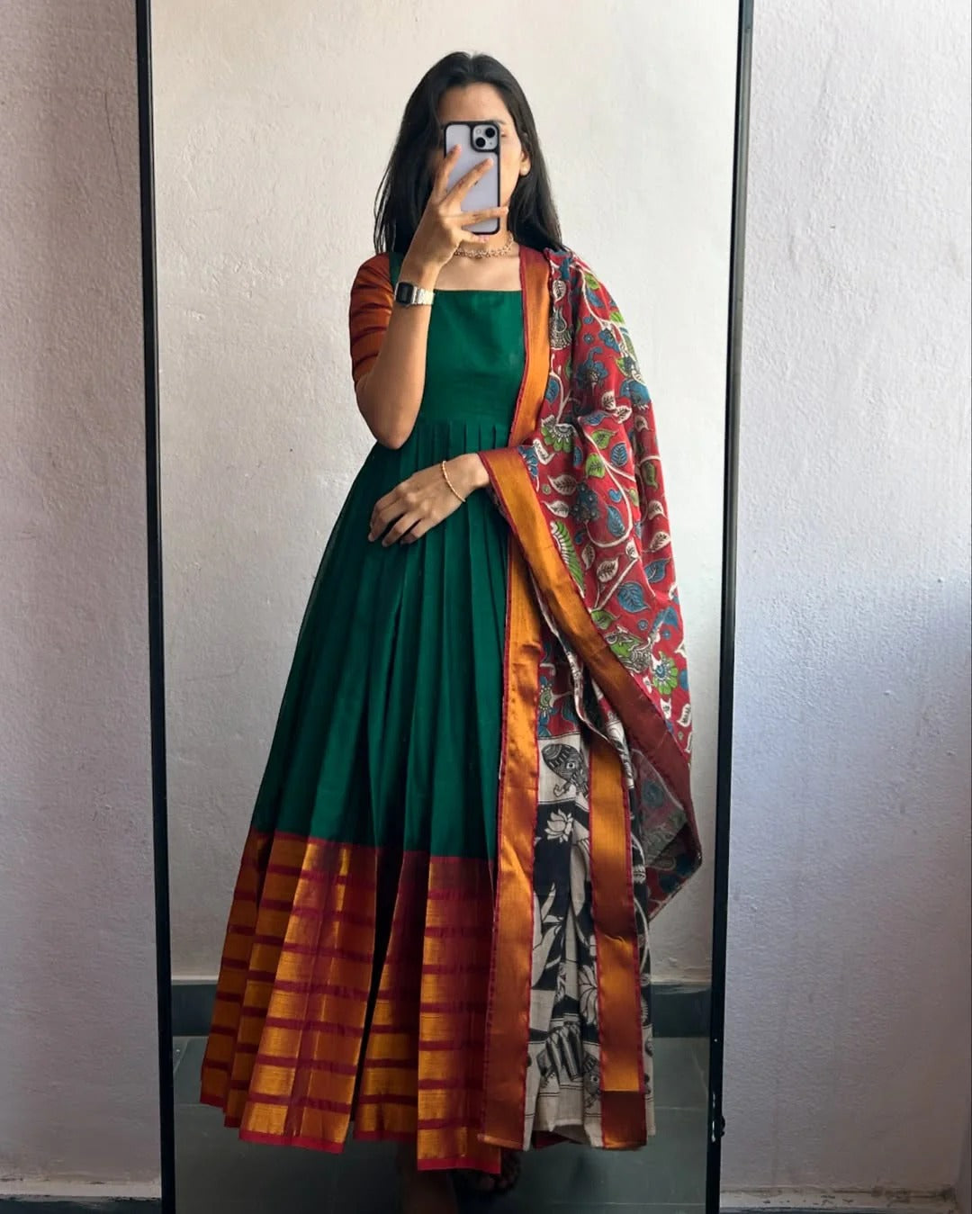 Bottle Green Silk Anarkali Gown with Contrast Maroon Zari Border & Kalamkari Dupatta