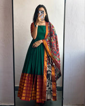 Bottle Green Silk Anarkali Gown with Contrast Maroon Zari Border & Kalamkari Dupatta