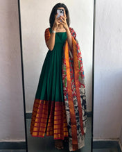 Bottle Green Silk Anarkali Gown with Contrast Maroon Zari Border & Kalamkari Dupatta