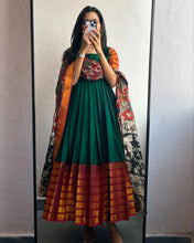 Bottle Green Silk Anarkali Gown with Contrast Maroon Zari Border & Kalamkari Dupatta