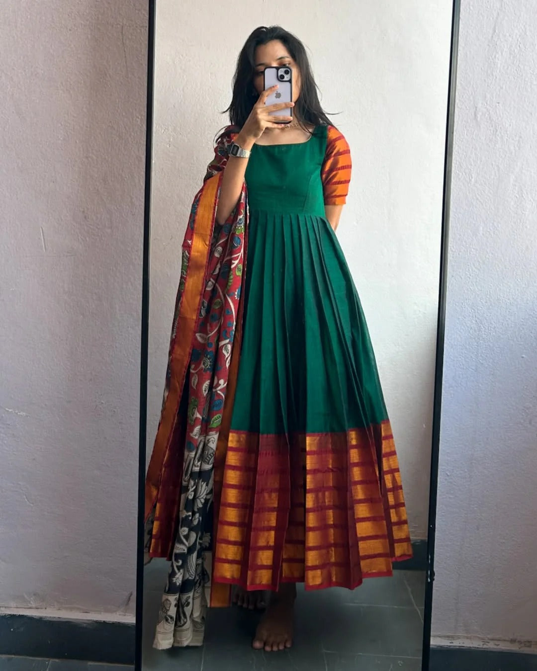 Bottle Green Silk Anarkali Gown with Contrast Maroon Zari Border & Kalamkari Dupatta