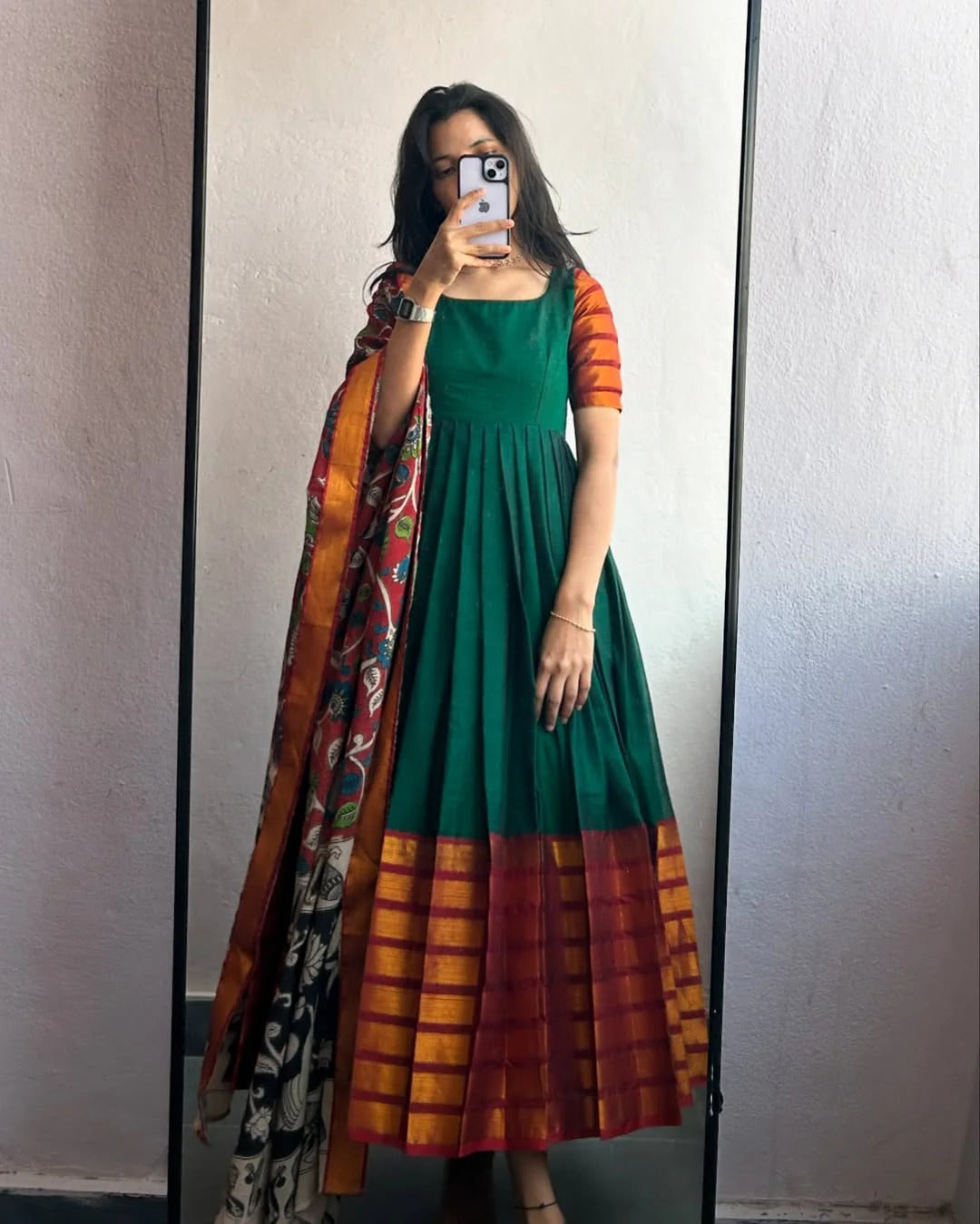 Bottle Green Silk Anarkali Gown with Contrast Maroon Zari Border & Kalamkari Dupatta
