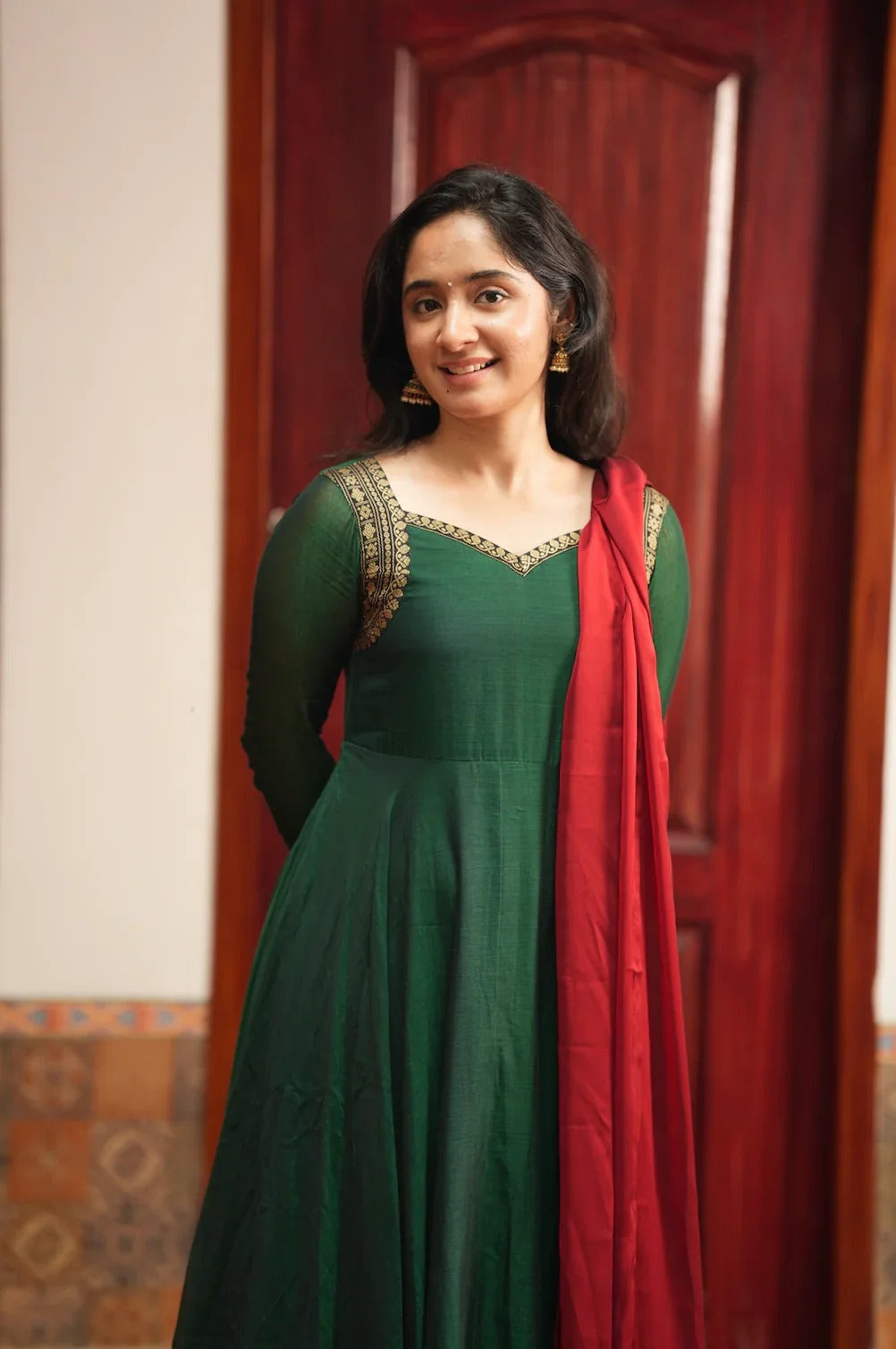 Women's Dark Green Anarkali Gown with Maroon Dupatta