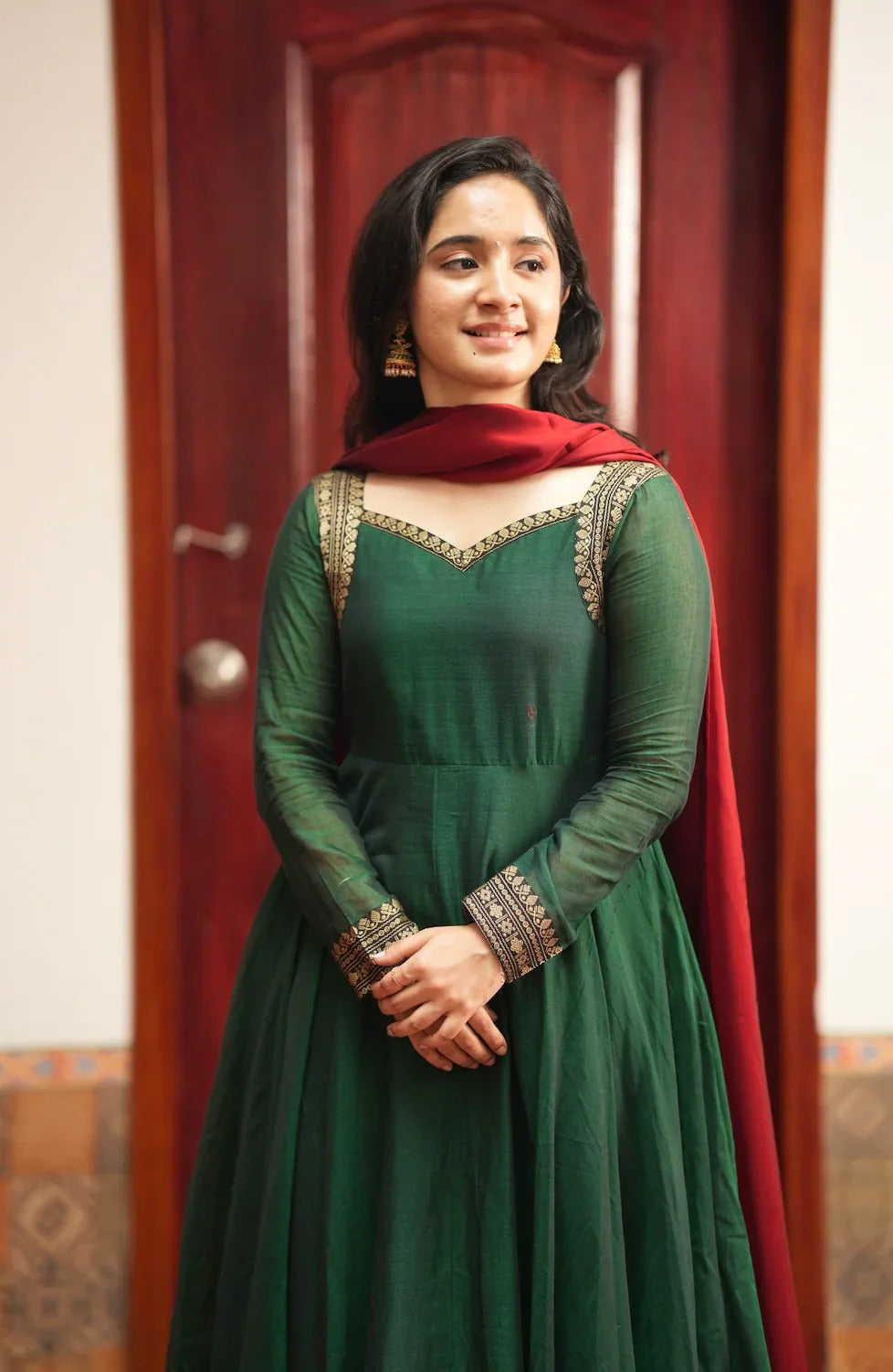 Women's Dark Green Anarkali Gown with Maroon Dupatta