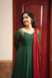 Women's Dark Green Anarkali Gown with Maroon Dupatta