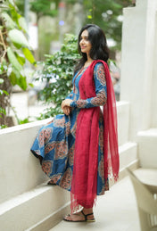 Blue Printed Cotton Anarkali Kurta with Maroon Dupatta