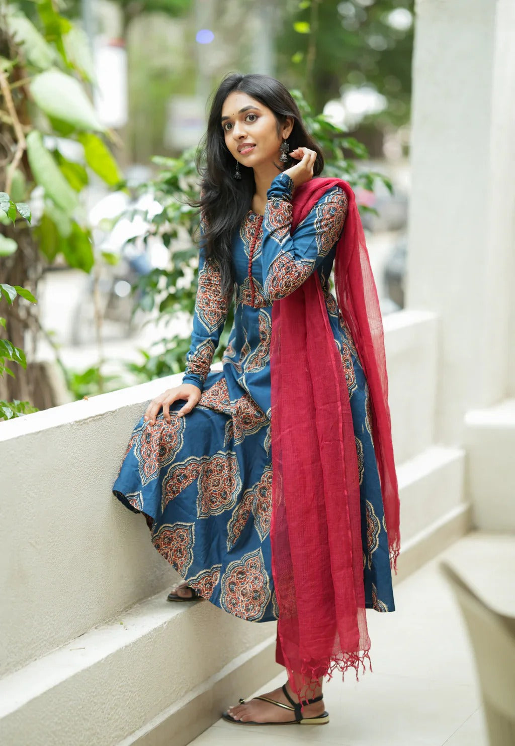 Blue Printed Cotton Anarkali Kurta with Maroon Dupatta