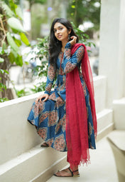 Blue Printed Cotton Anarkali Kurta with Maroon Dupatta