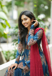 Blue Printed Cotton Anarkali Kurta with Maroon Dupatta