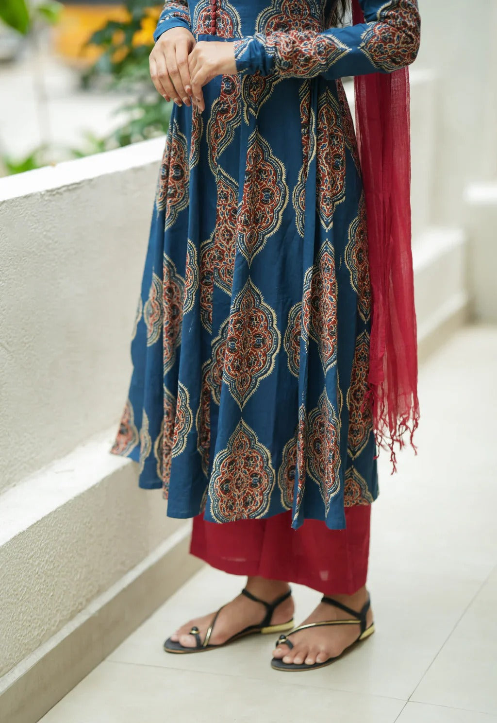 Blue Printed Cotton Anarkali Kurta with Maroon Dupatta