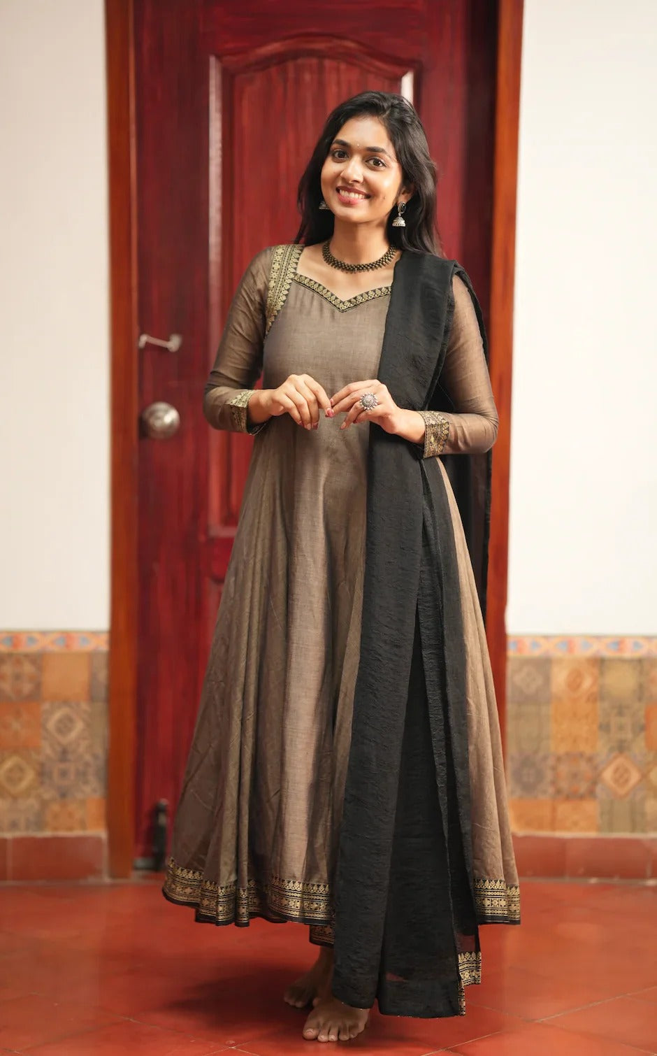 Women’s Coffee Brown Anarkali Gown with Black Dupatta