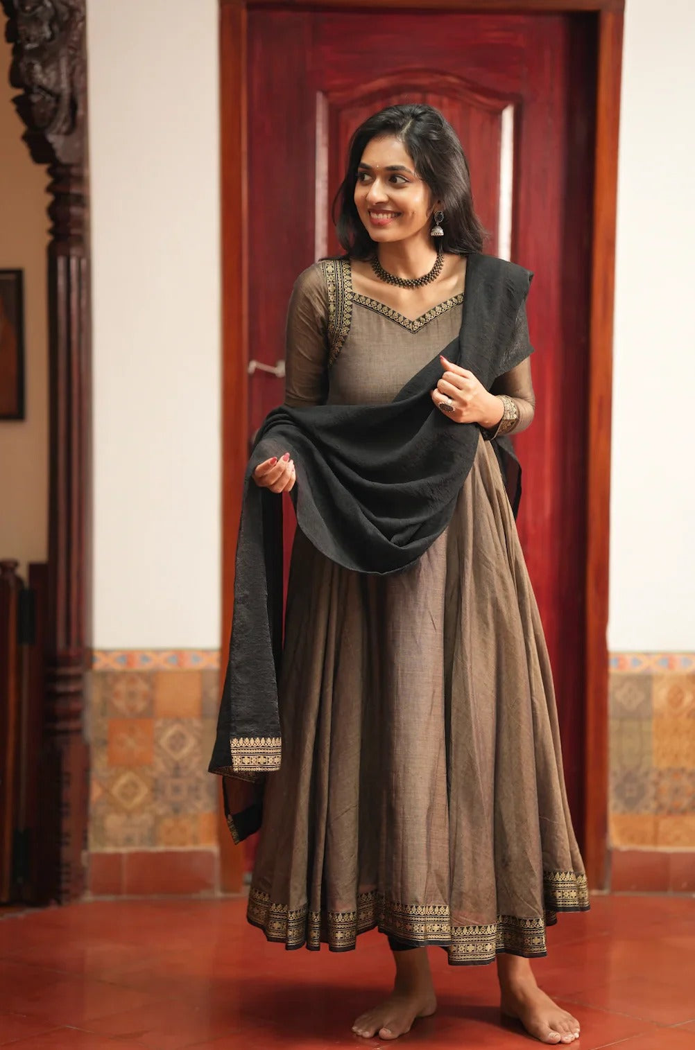 Women’s Coffee Brown Anarkali Gown with Black Dupatta