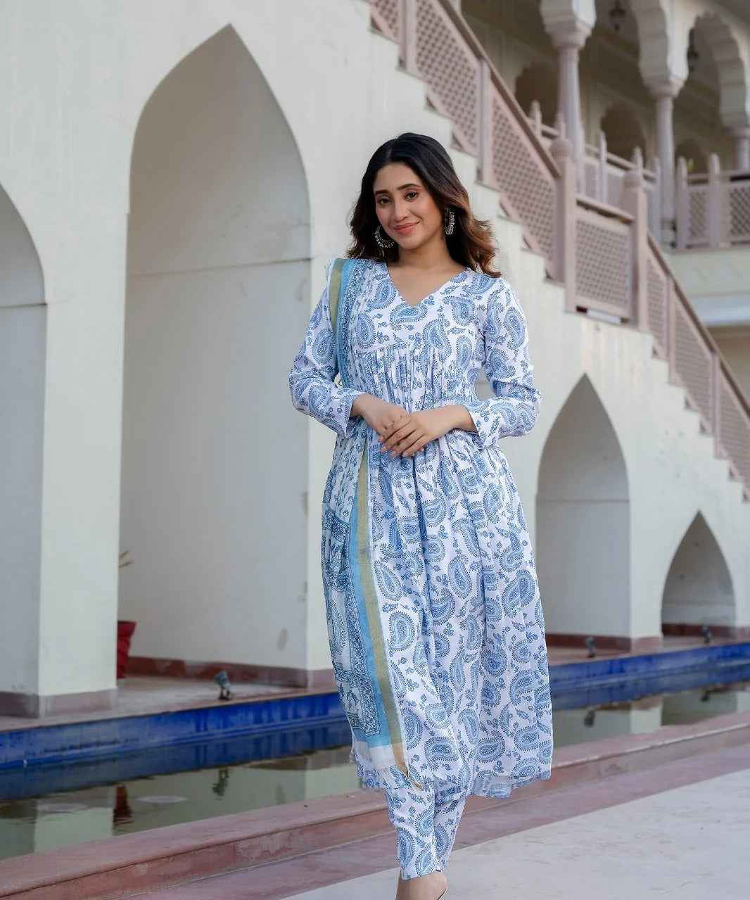 White &amp; Blue Delight Pure Viscose Suit