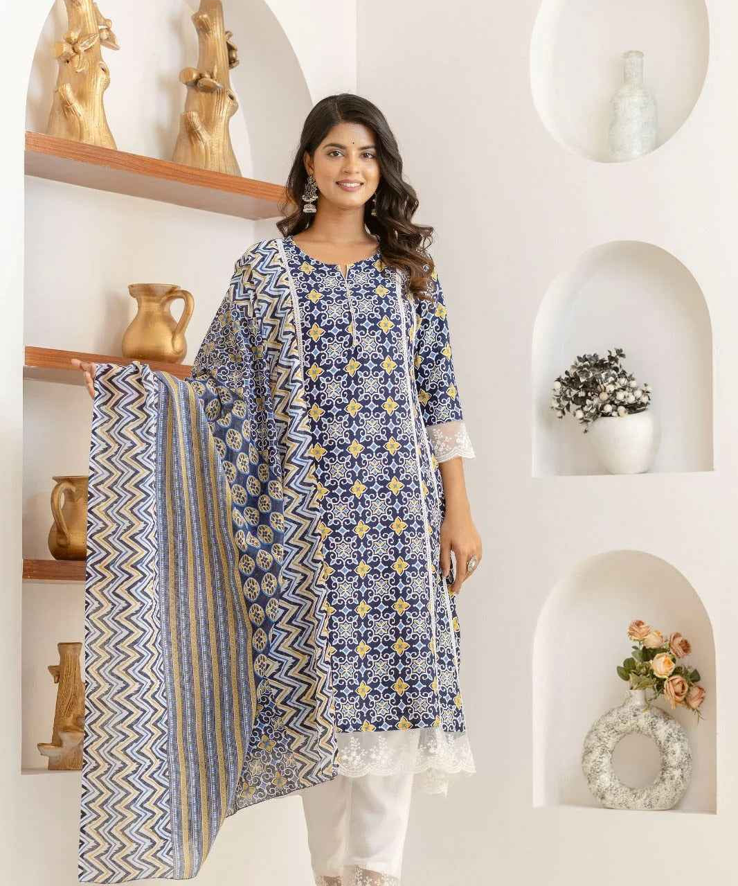Indigo Mosaic Viscose Rayon Suit Set