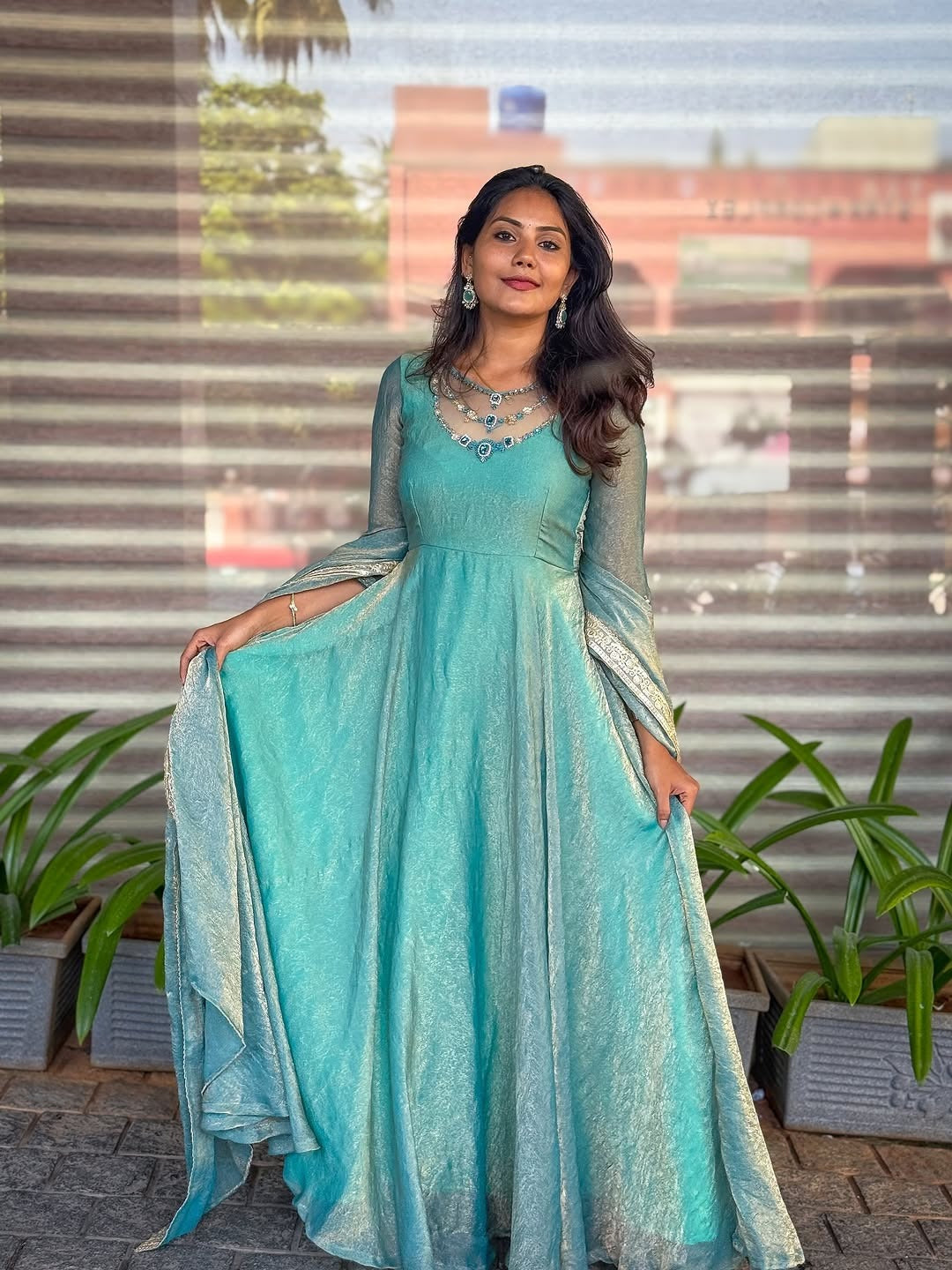 Aqua Blue Shimmer Anarkali Gown with Cape Sleeves