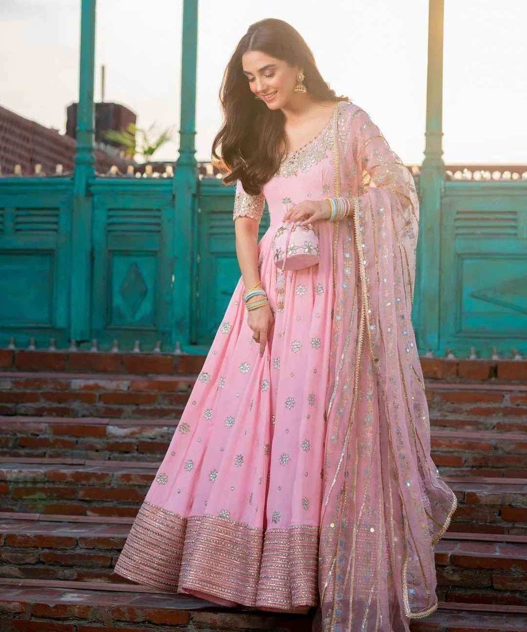 PINK LOOP ANARKALI SUIT SET