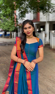 Teal Blue Silk Anarkali Dress with Pink Kanjivaram Dupatta