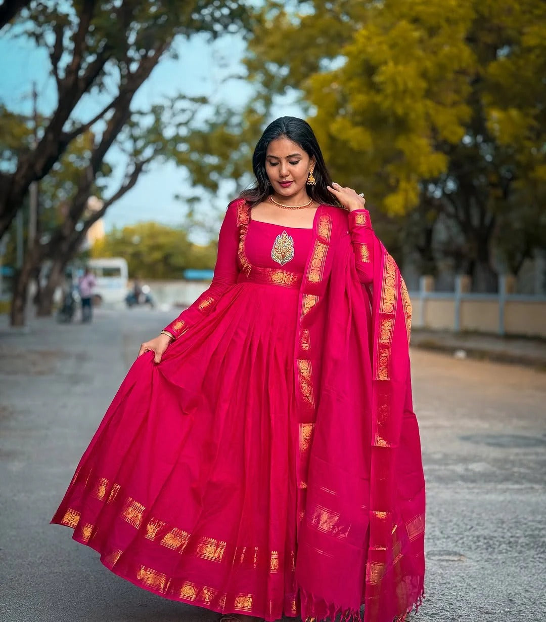Rani Pink Silk Anarkali Dress with Gold Zari Border & Embroidered Patch