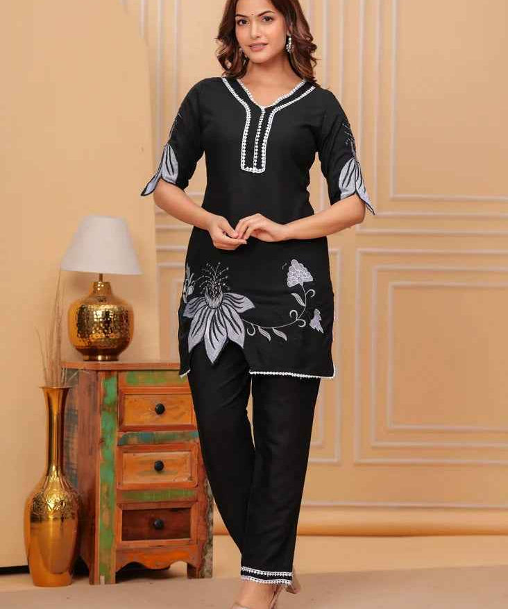 Black Embroidered Rayon Kurta and Pant Set