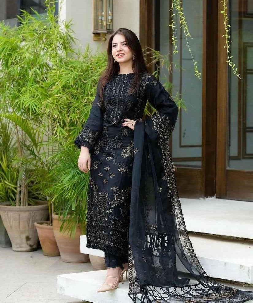 Black Three Piece Stitched Lawn Chikankari Suit