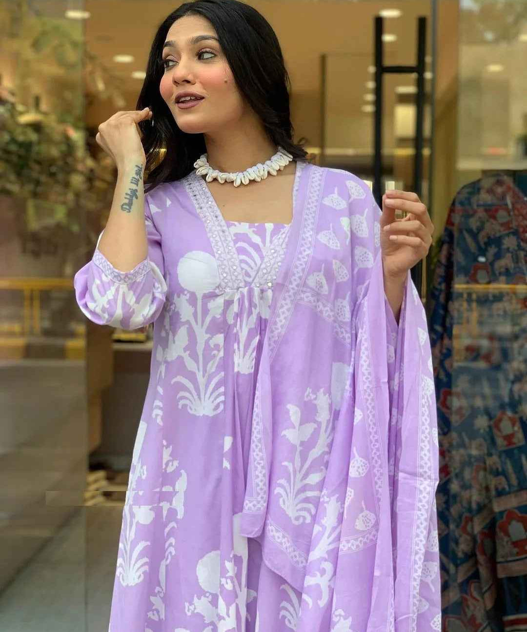White Floral Lilac Pure Viscose Kurta Set