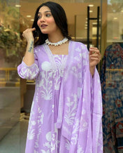 White Floral Lilac Pure Viscose Kurta Set