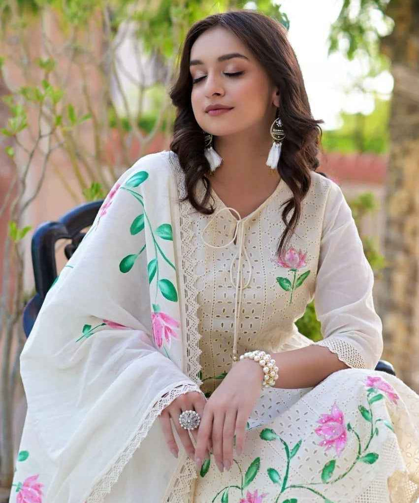 Ira Ivory Garden Hand-Painted Chikankari Cotton Suit Set