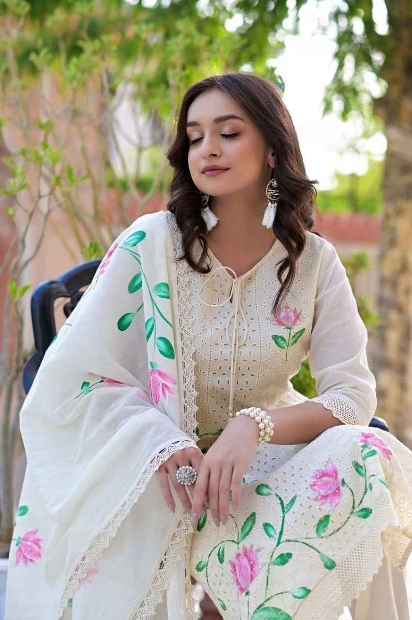 Ira Ivory Garden Hand-Painted Chikankari Cotton Suit Set