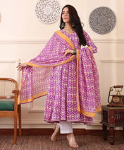 Lavender Printed Cotton Anarkali Kurta Set with Dupatta