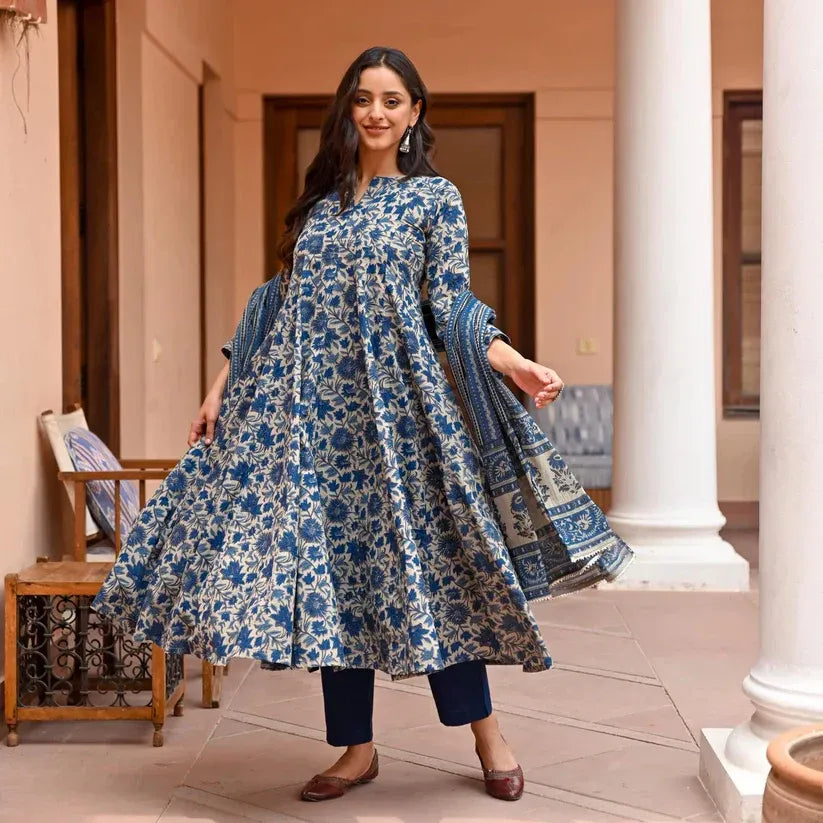 Blue Floral Cotton Anarkali Kurta Set with Pant & Dupatta