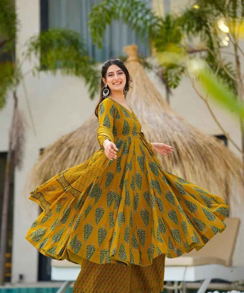 Golden Bloom Anarkali Cotton Set