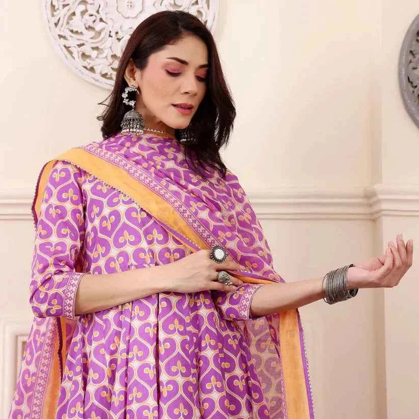 Women€™s Viscose Pastel Pink Anarkali Kurta and Pant Set with Dupatta