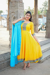 Women’s Yellow Anarkali Kurti with Blue Dupatta