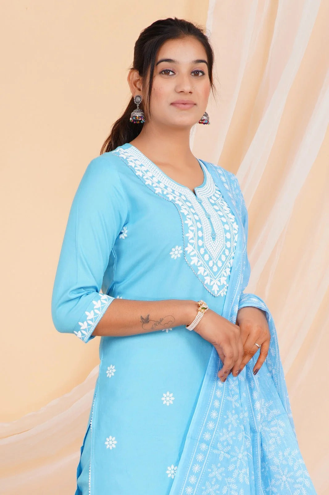 Sky Blue Chikankari Cotton Suit Set with Embroidered Kurta, Pant & Dupatta