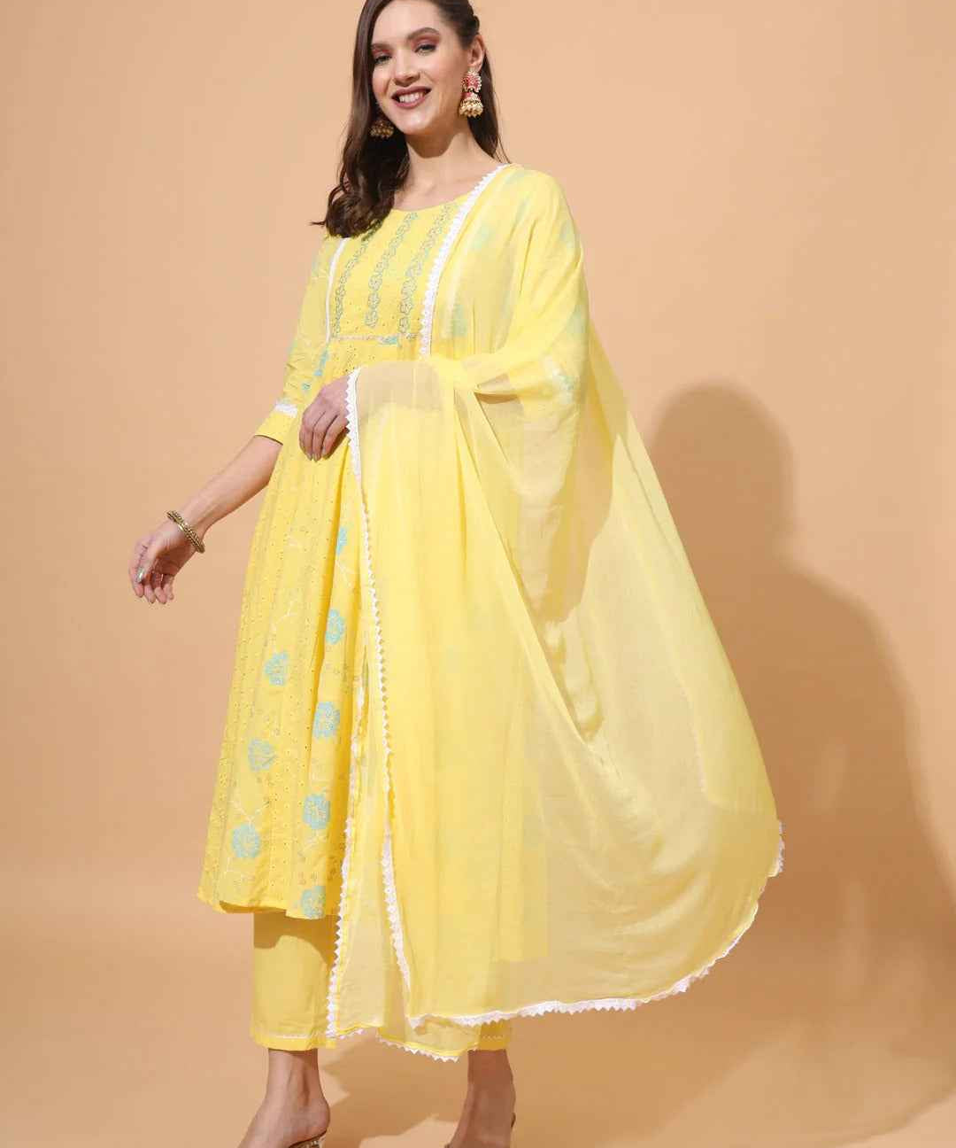 Pure Cotton Schiffli Kurta,Pant & Dupatta Set